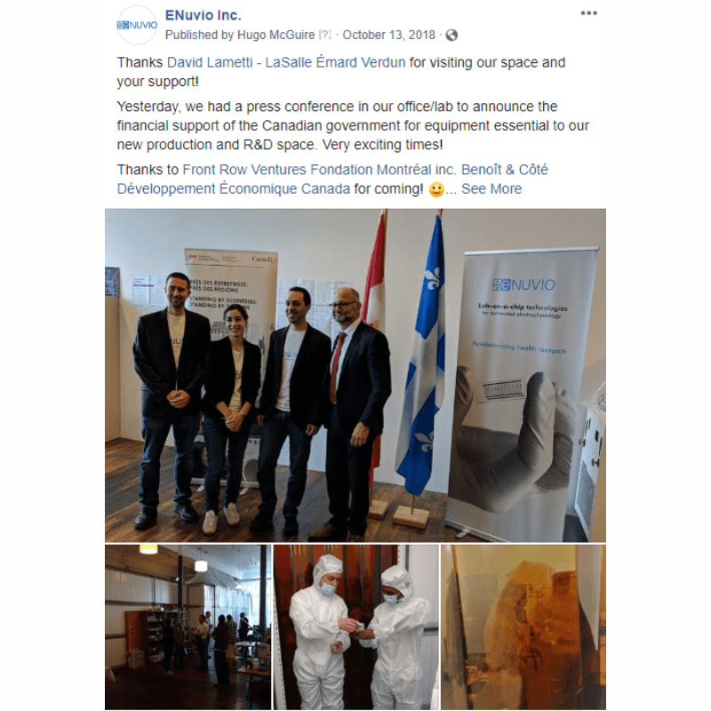 Facebook Post by eNUVIO to thank the Canadian government for their financial support for equipment