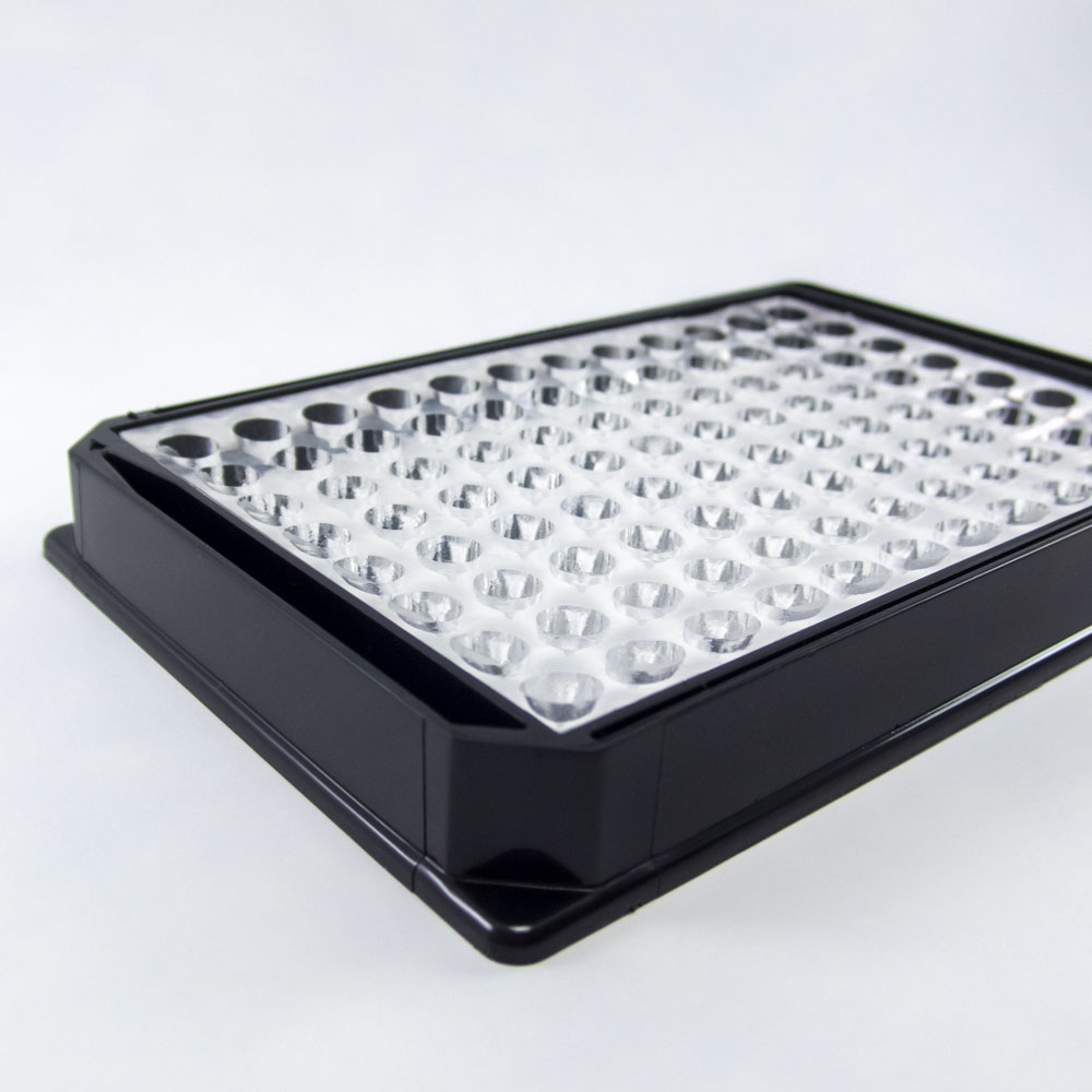 HTS-compatible screening plate for embryoid body formation EB-PLATE by eNUVIO. 96 well format with evaporation minimizer tracks.
